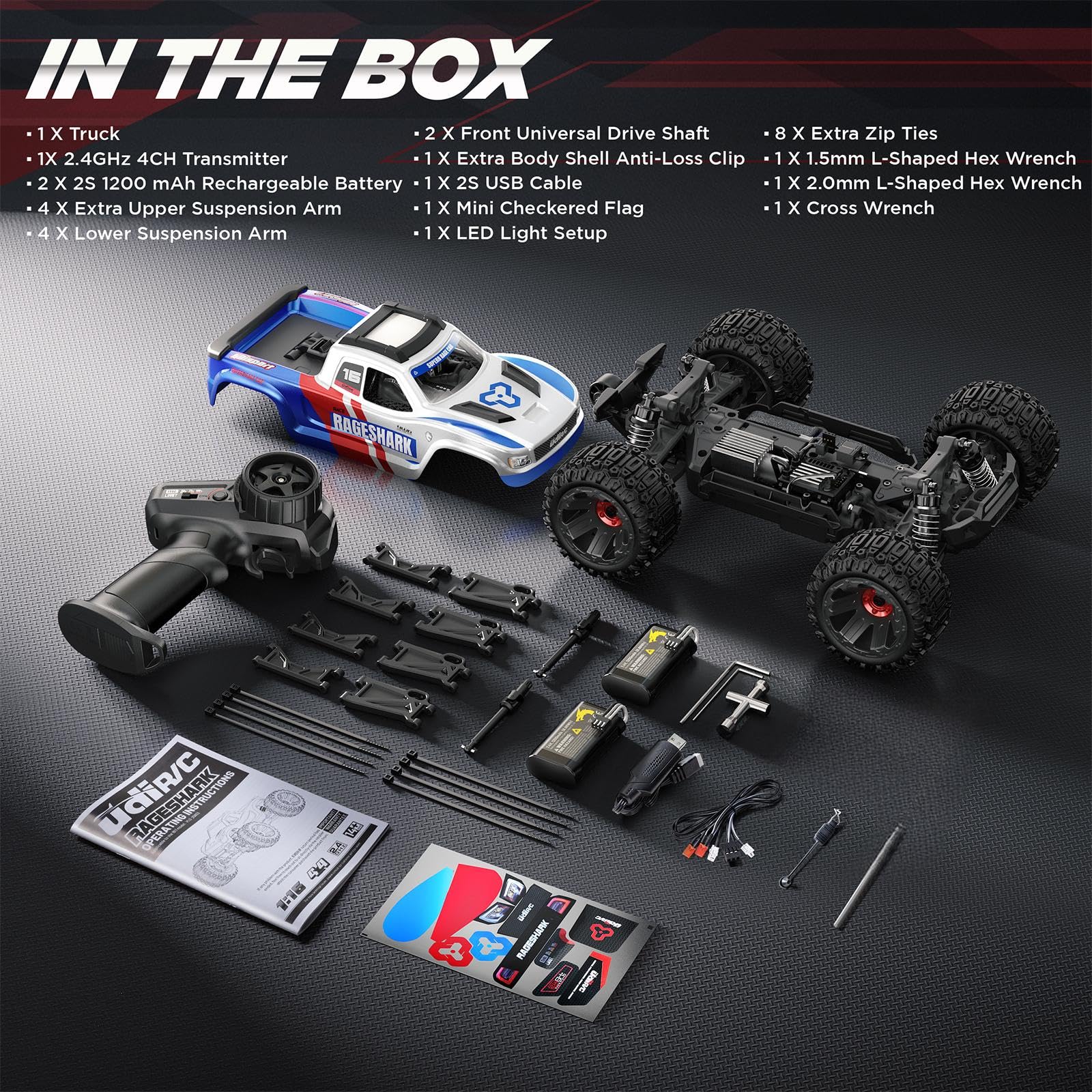 UDIRC Fast All-Terrain RC Car packaging with spare parts and tool kit.