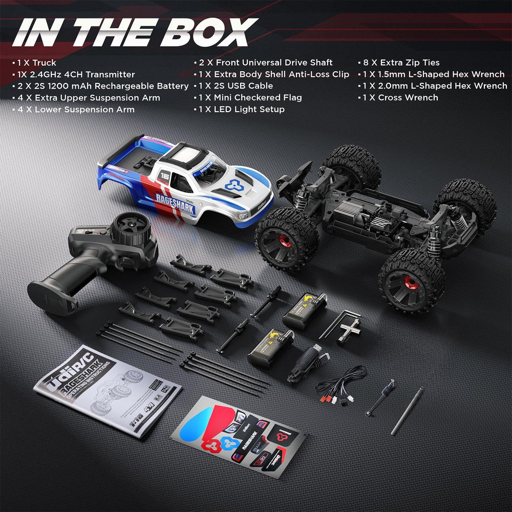 UDIRC Fast All-Terrain RC Car packaging with spare parts and tool kit.