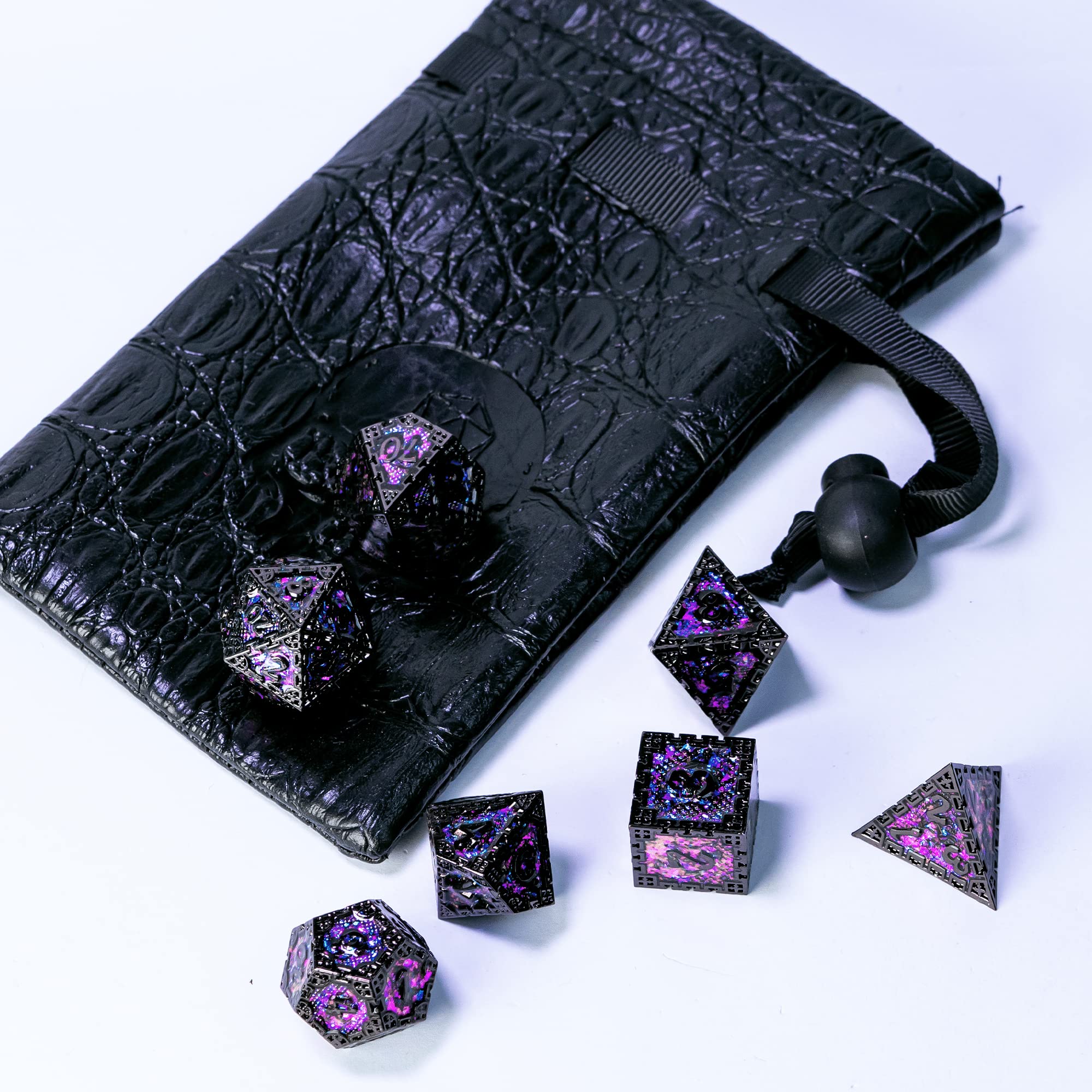 UDIXI DND dice D20 purple sequins, vibrant under lights for dramatic reveals.