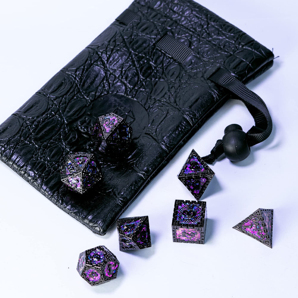 UDIXI DND dice D20 purple sequins, vibrant under lights for dramatic reveals.