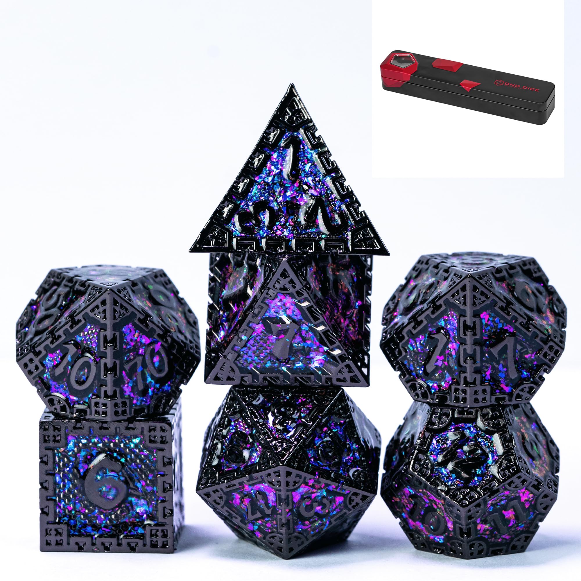 UDIXI metal DND dice with D4 purple sequins, balanced weight for smooth rolls.