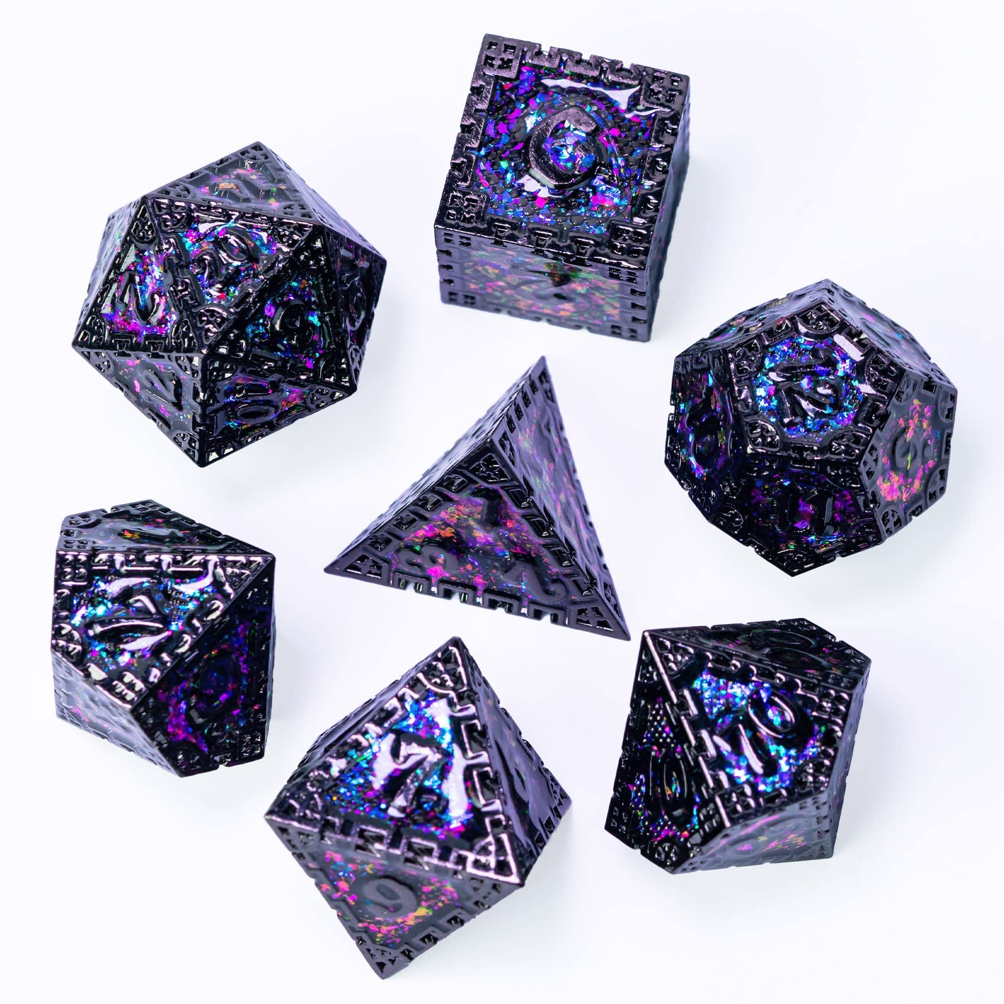 UDIXI metal DND dice with D8 purple sequins, eye-catching on the table during sessions.