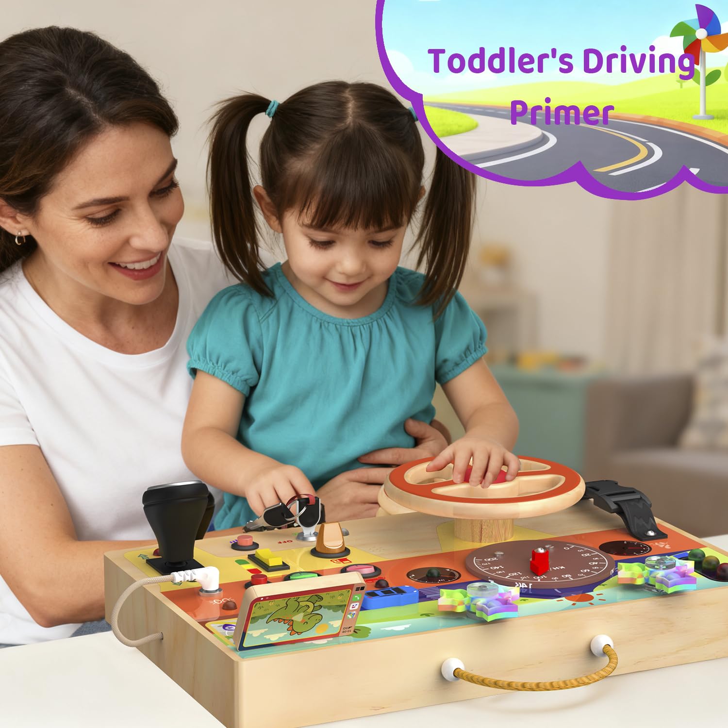 UdoUto busy board’s portable carry handle supports travel playtime.