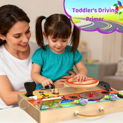 UdoUto busy board’s portable carry handle supports travel playtime.