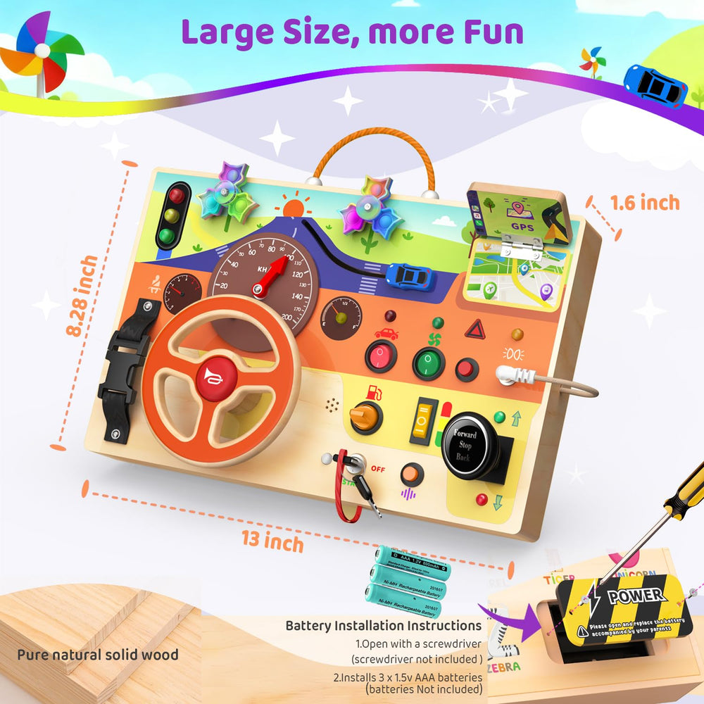 UdoUto busy board with LED lights enhances visual tracking during sensory exploration.