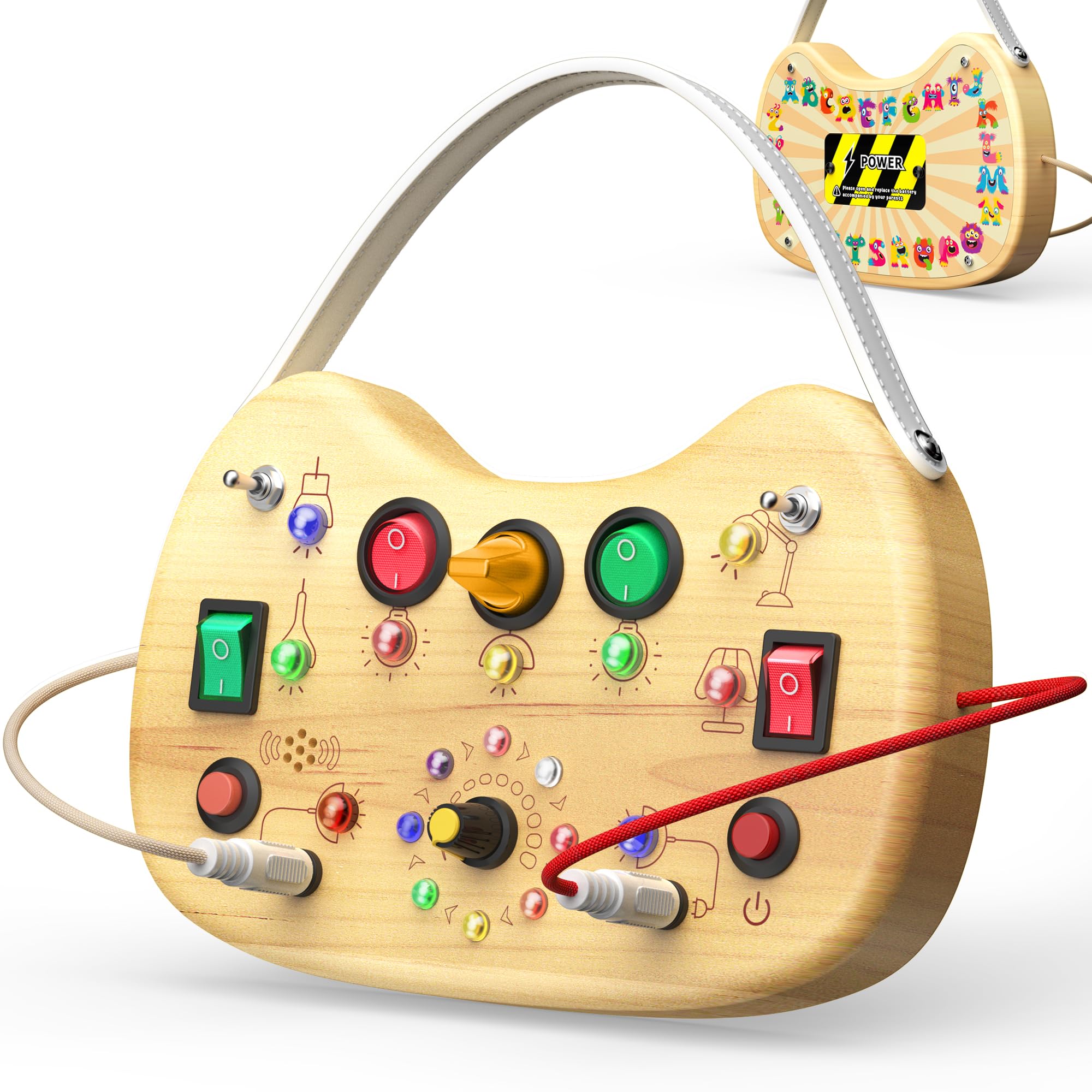 UdoUto Montessori busy board with LED switches for sensory play and fine motor practice.