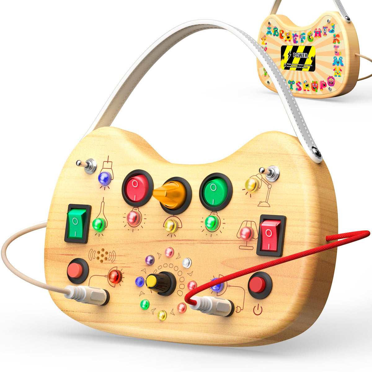 UdoUto Montessori busy board with LED switches for sensory play and fine motor practice.