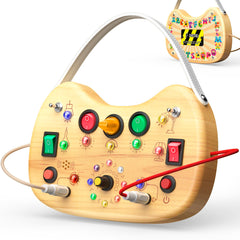 UdoUto Montessori busy board with LED switches for sensory play and fine motor practice.
