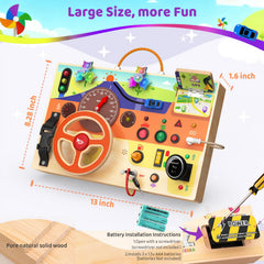 UdoUto busy board with LED lights enhances visual tracking during sensory exploration.