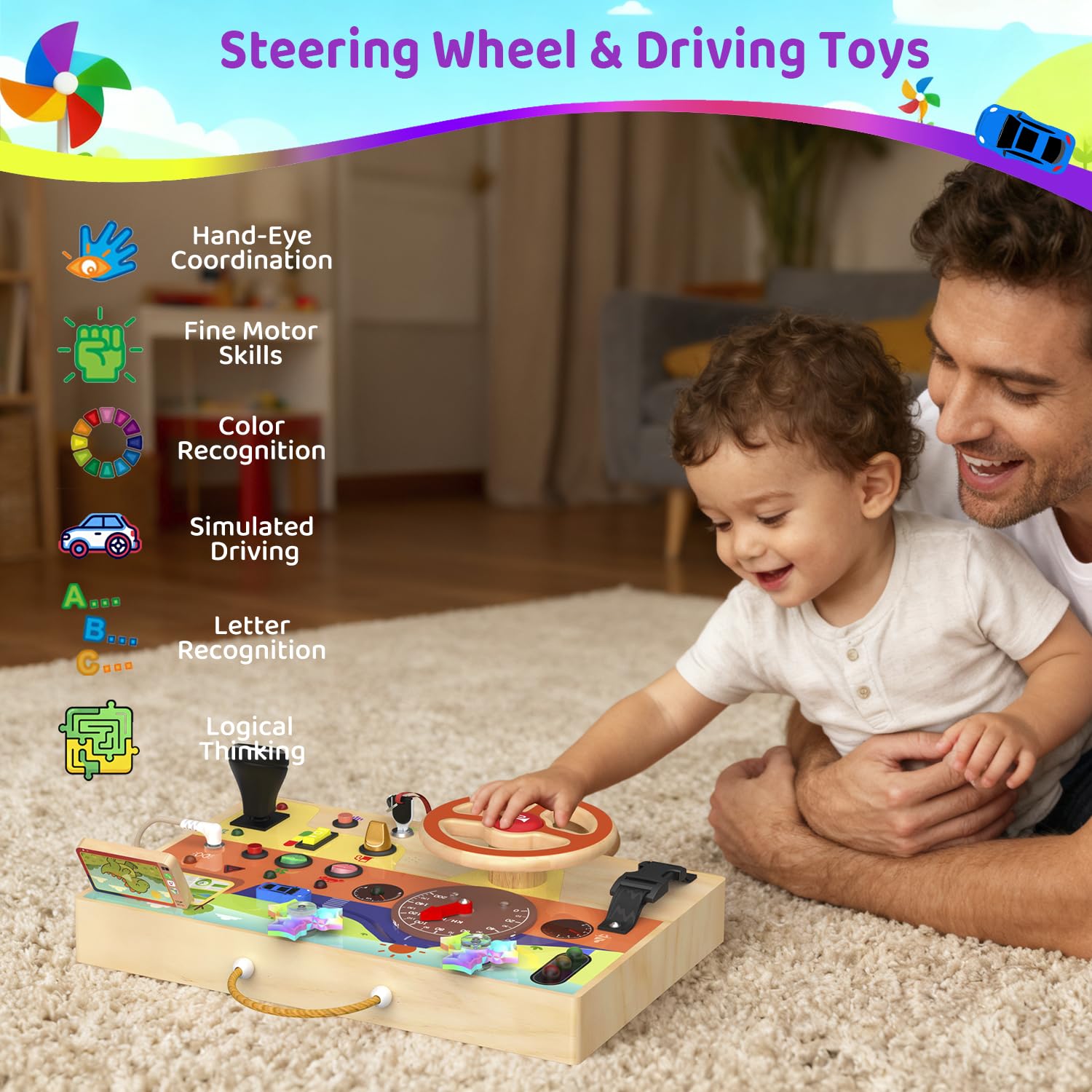 UdoUto driving board features traffic lights for color recognition and sequence practice.
