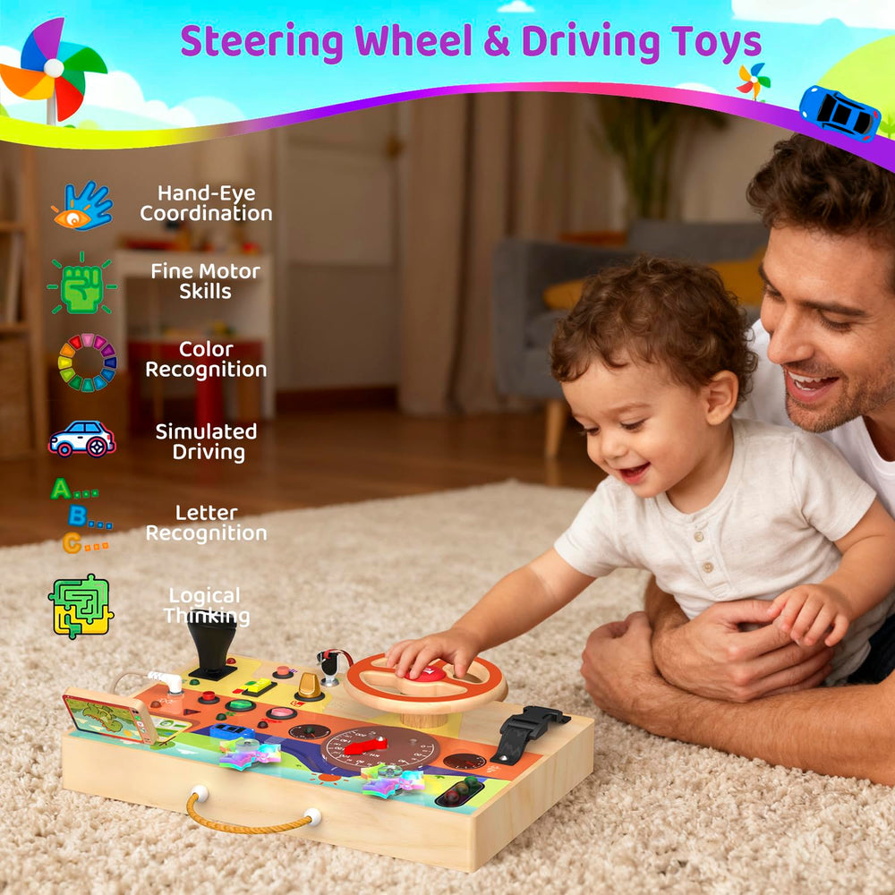 UdoUto driving board features traffic lights for color recognition and sequence practice.