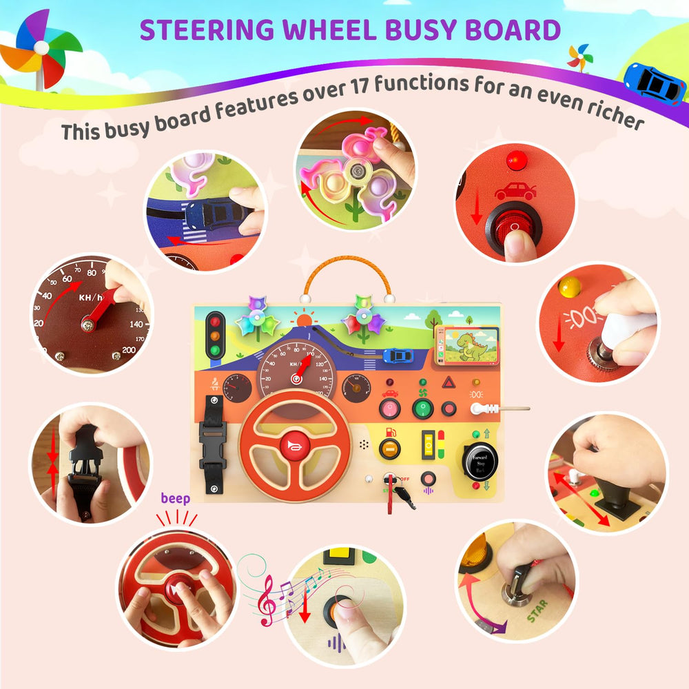 UdoUto busy board windmill spinner supports tactile engagement and cause-and-effect learning.