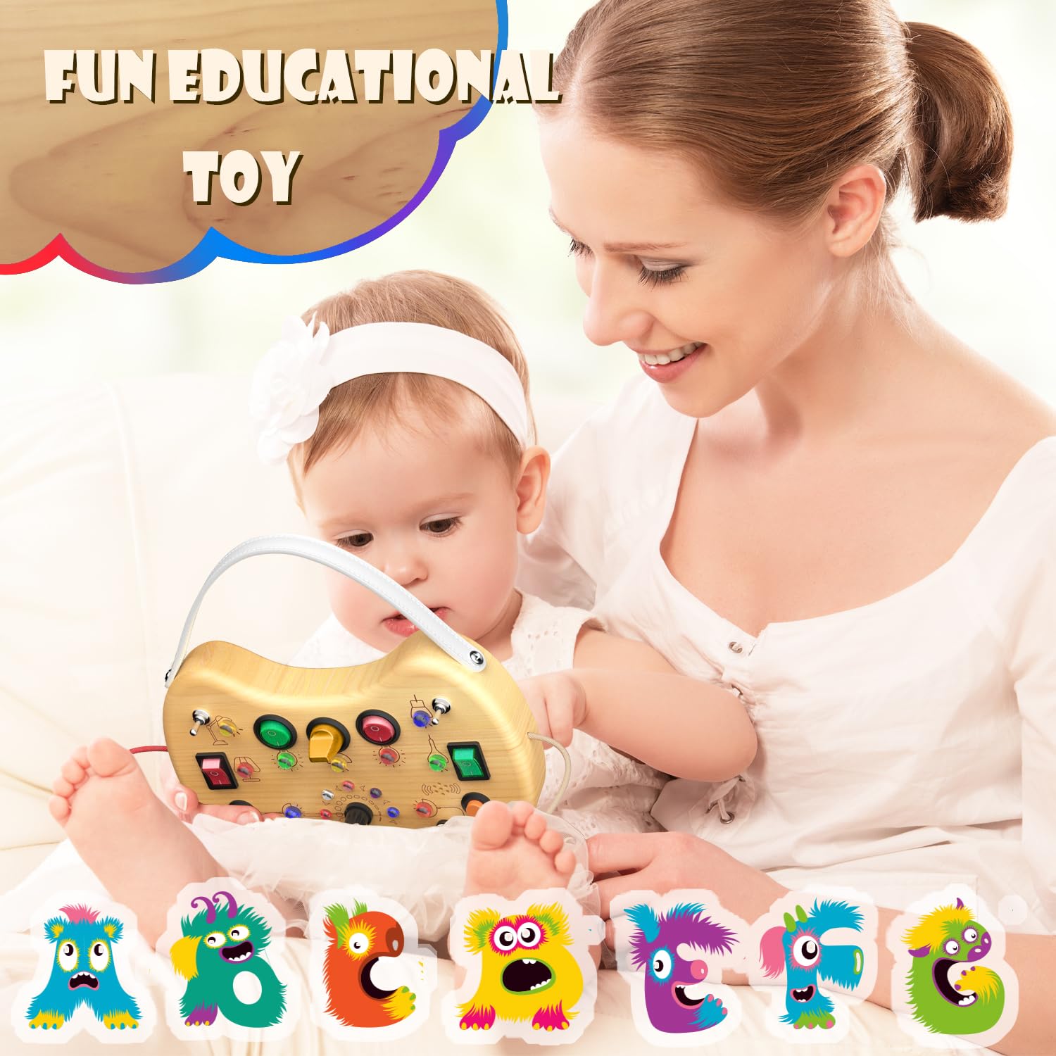 UdoUto busy board back shows alphabet letters for learning