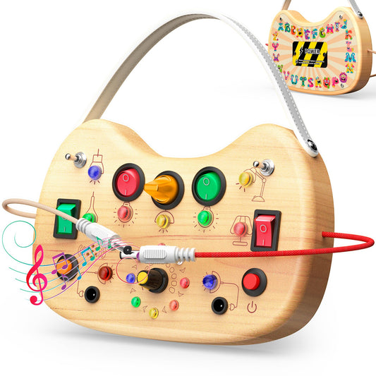 UdoUto LED busy board front view with switches for early sensory play