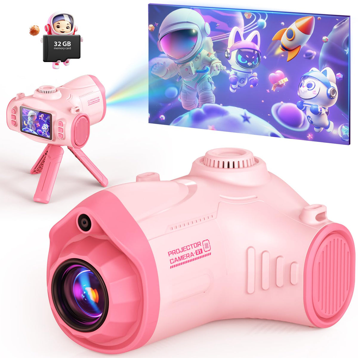 Uffylle Kids Camera with Projector showing the lens for storytelling sessions.