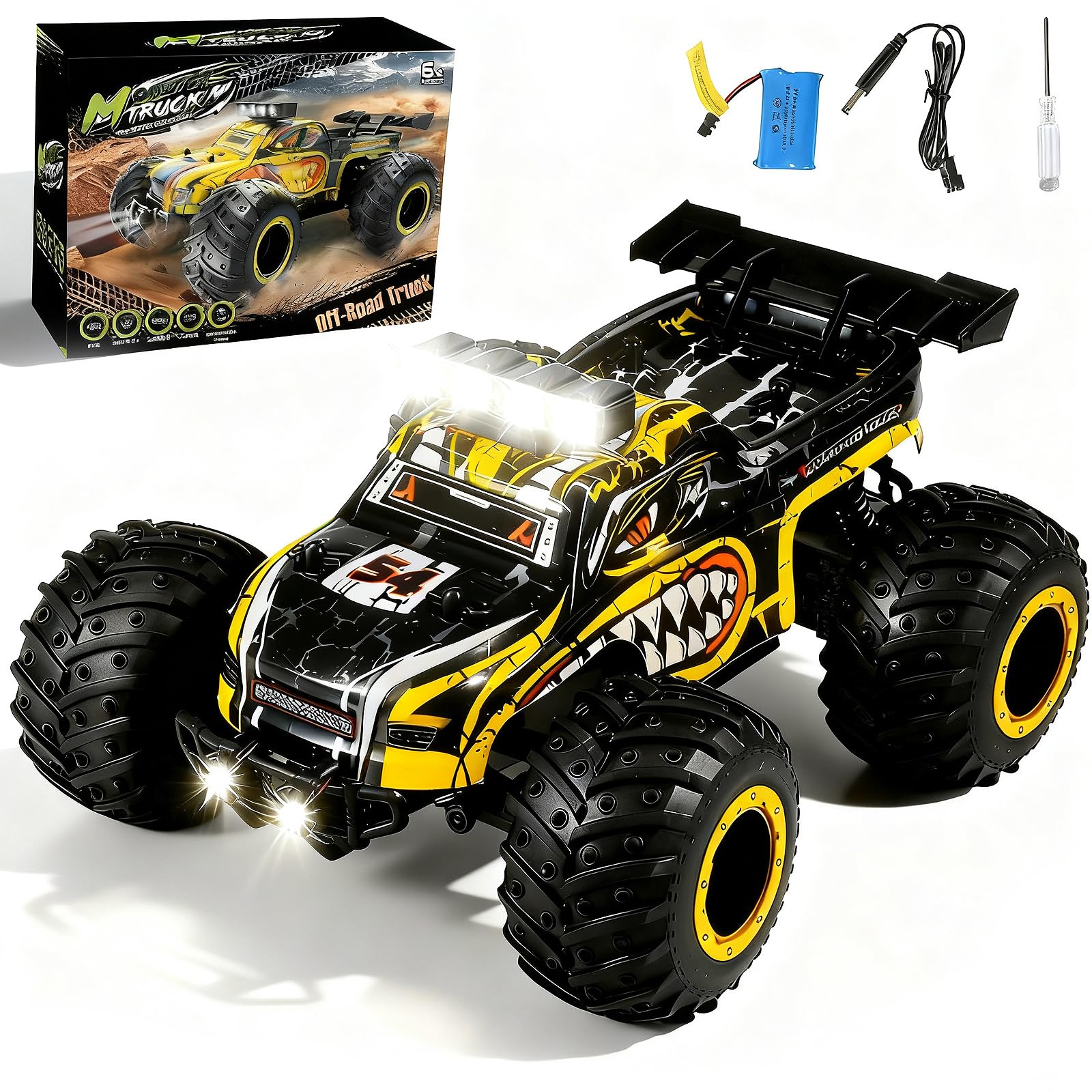 Ufilni remote control monster truck with dino beast graphics and LED headlights for night visibility.