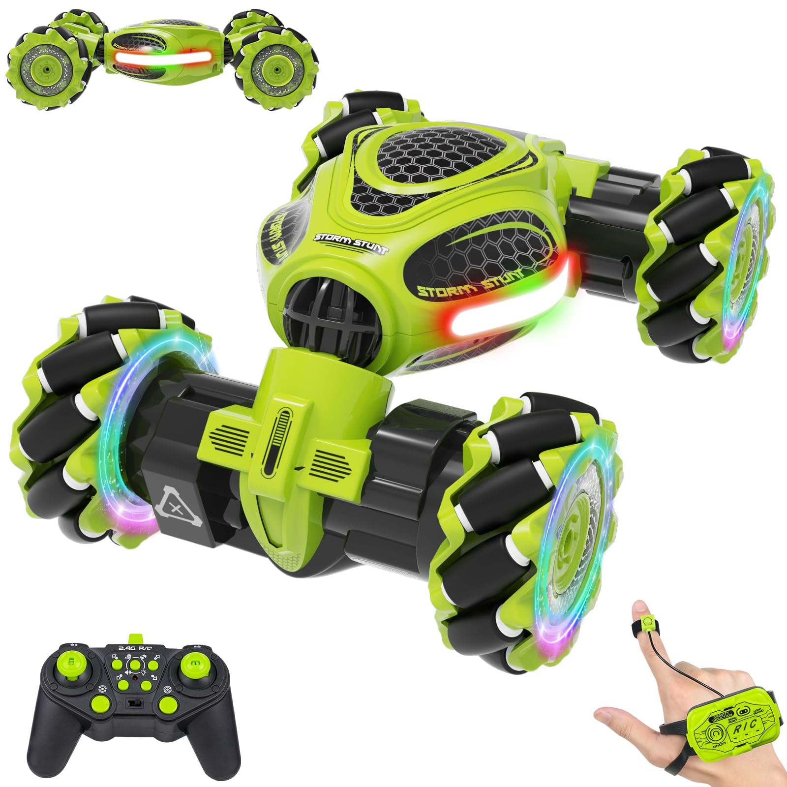 UFOLED hand-controlled RC car front view with vibrant LED lights for immersive night play.