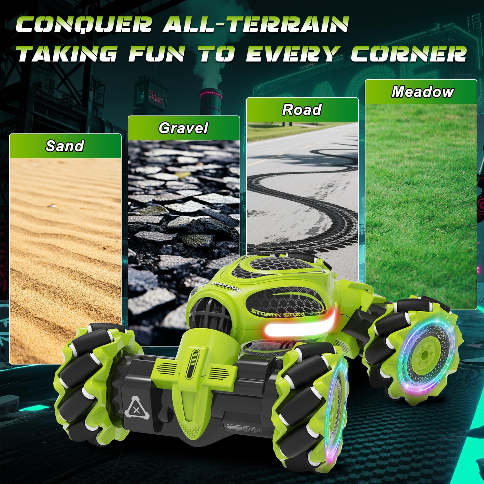 UFOLED off-road tires grip grass and gravel for versatile play.