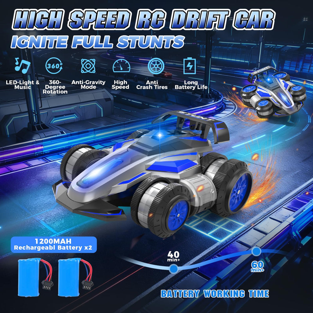 UFOLED RC car performing a 360-degree rotation for dramatic stunts.