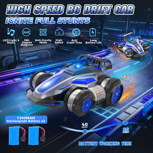 UFOLED RC car performing a 360-degree rotation for dramatic stunts.