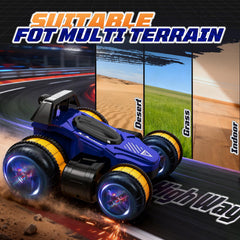 UFOLED RC car LED lights enhancing visibility on blue body