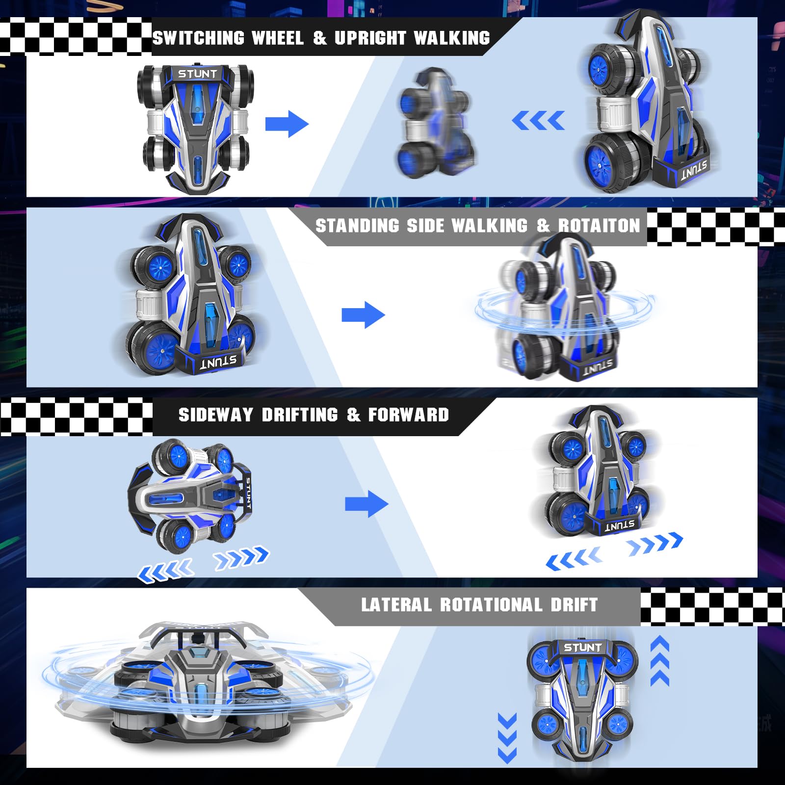 UFOLED RC car side-drift action showing extreme maneuverability.