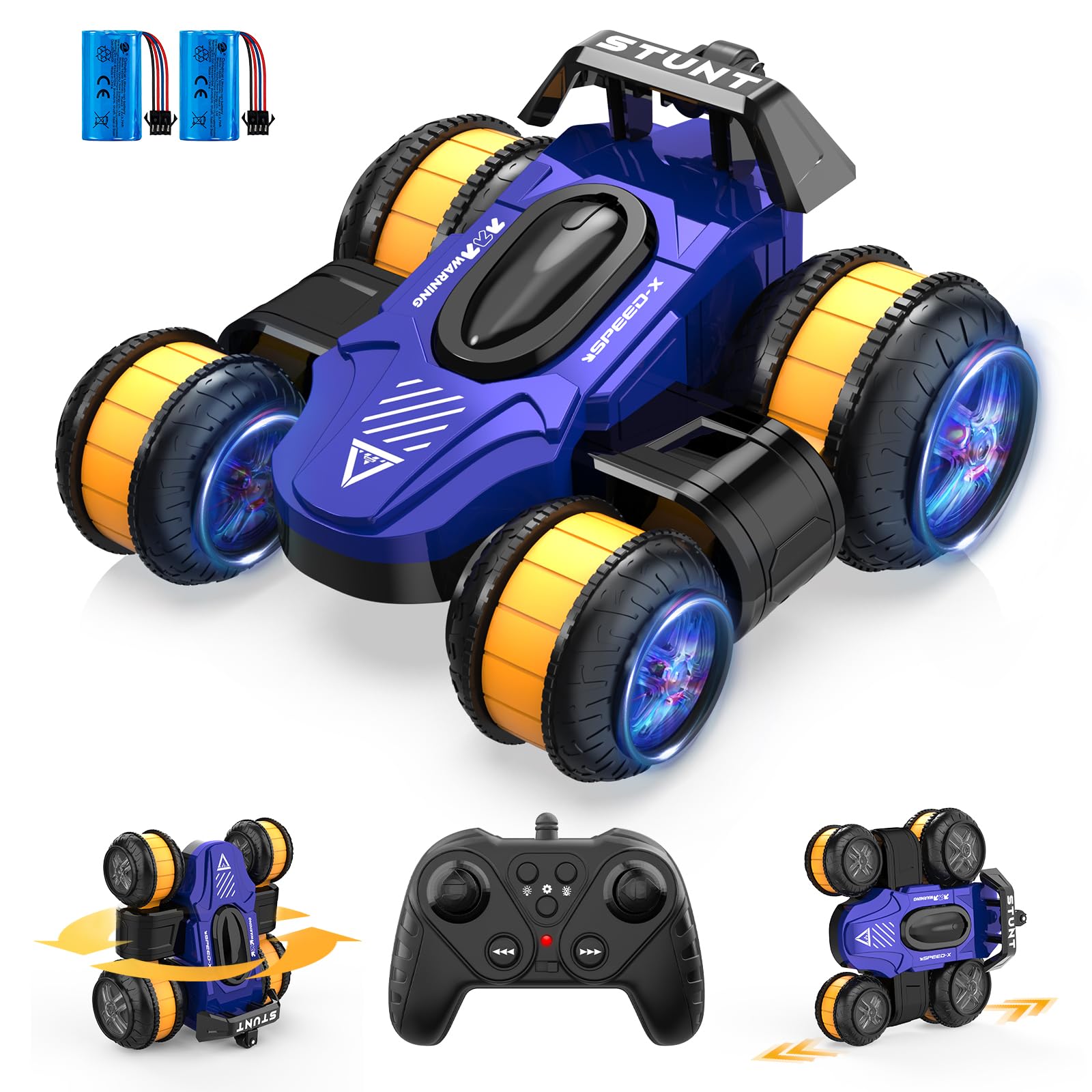 UFOLED RC stunt car blue performing 360-degree rotation for fast indoor races