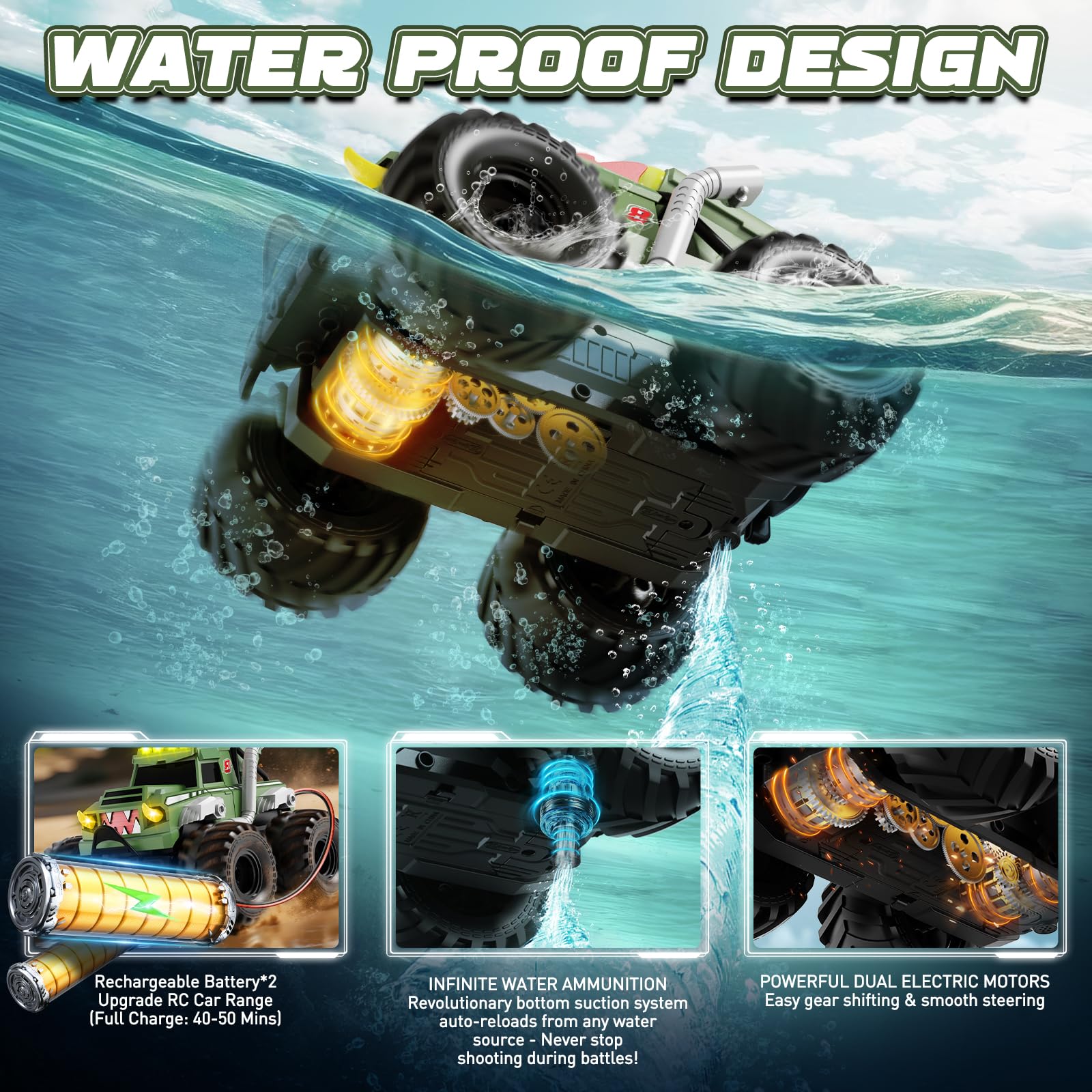 UFOLED amphibious action demonstrates seamless land-to-water transitions.