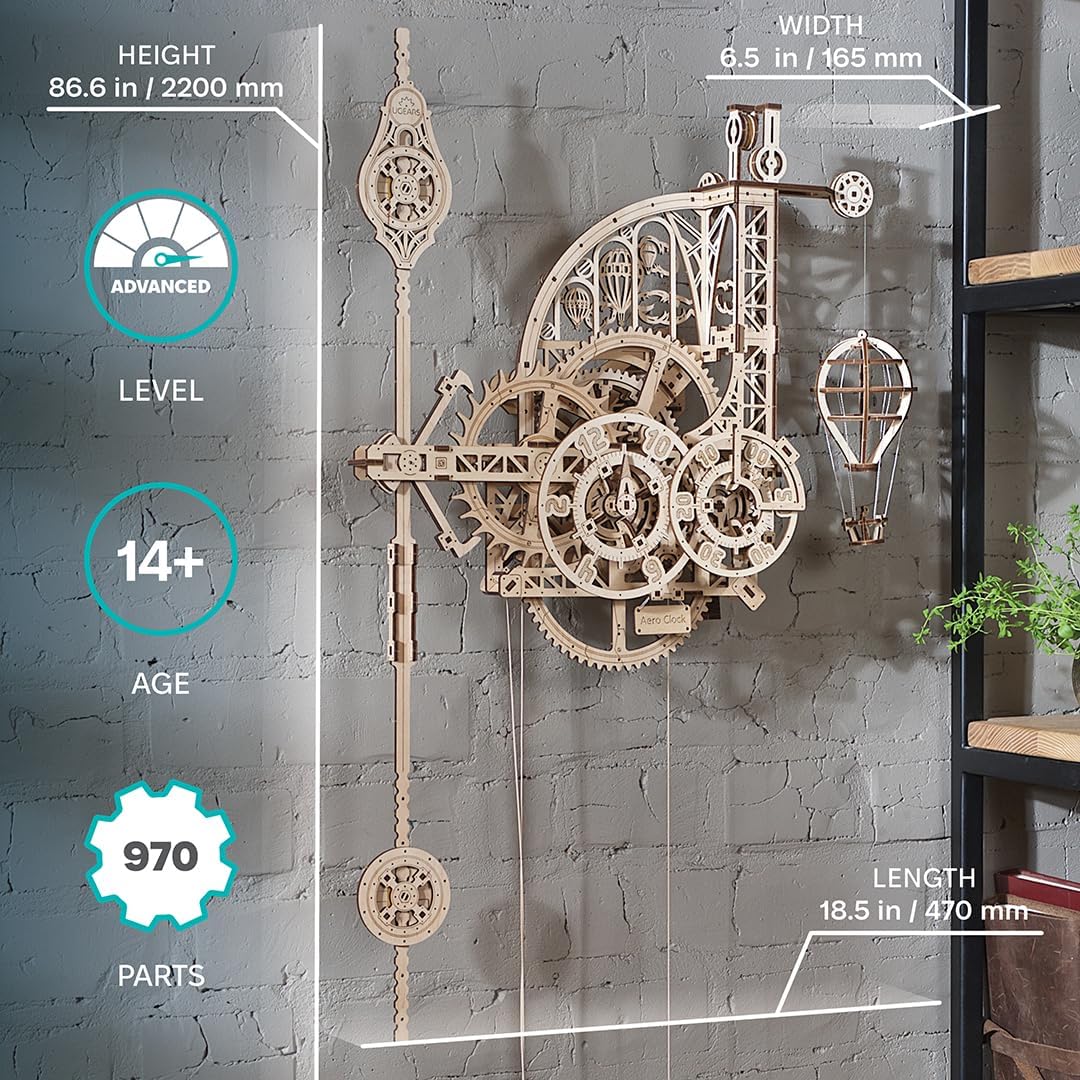 UGEARS Aero Clock mounted on a wall showcasing wood craftsmanship.