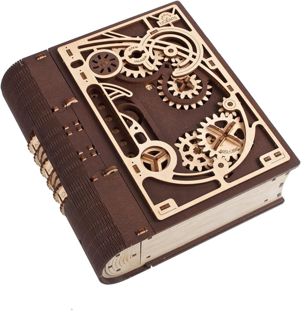 UGEARS Book of Secrets cover in steampunk style for a striking display.