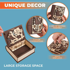 UGEARS Book of Secrets hidden key invites exploration of the secret compartment.
