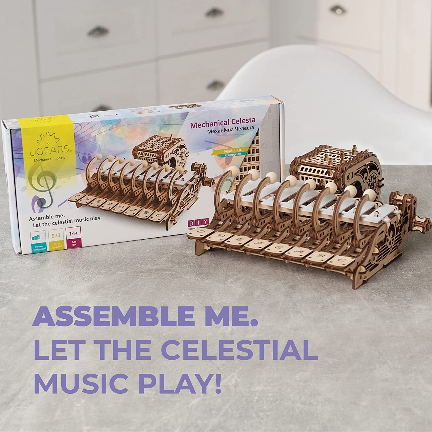 UGEARS Celesta no glue assembly emphasizes glue-free, family-friendly crafting.