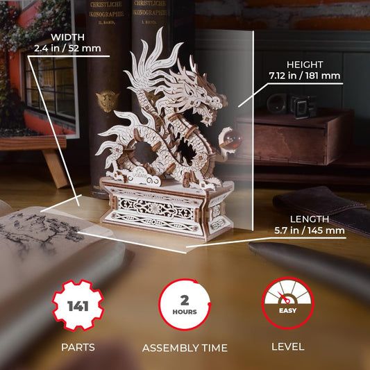 UGEARS Dragon Puzzle pearl in claw close-up for shelf decor