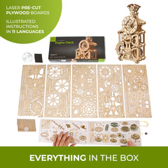 UGEARS Engine Clock parts kit image shows glue-free assembly process.