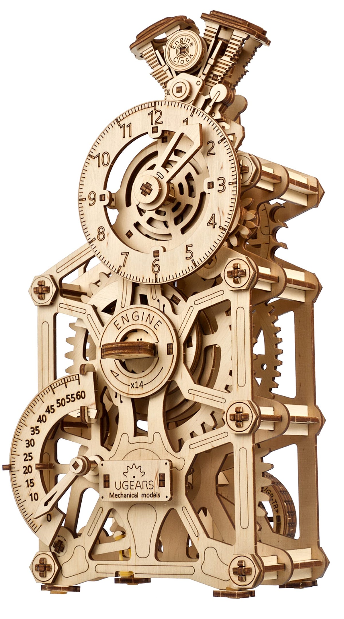 UGEARS Engine Clock front pistons view showcases engine-inspired desk display.