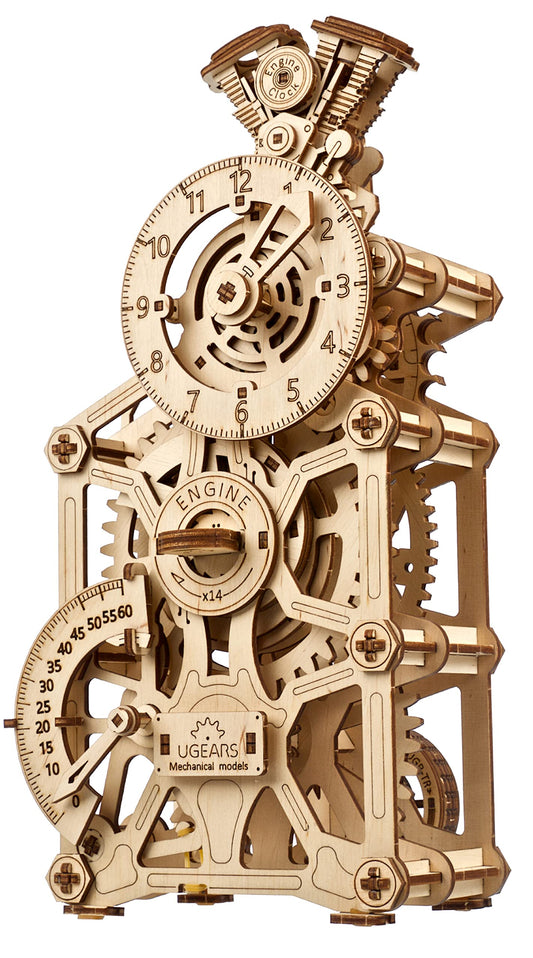 UGEARS Engine Clock front pistons view showcases engine-inspired desk display.
