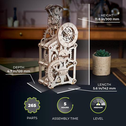 UGEARS Engine Clock pistons side view highlights moving parts and mechanical charm.