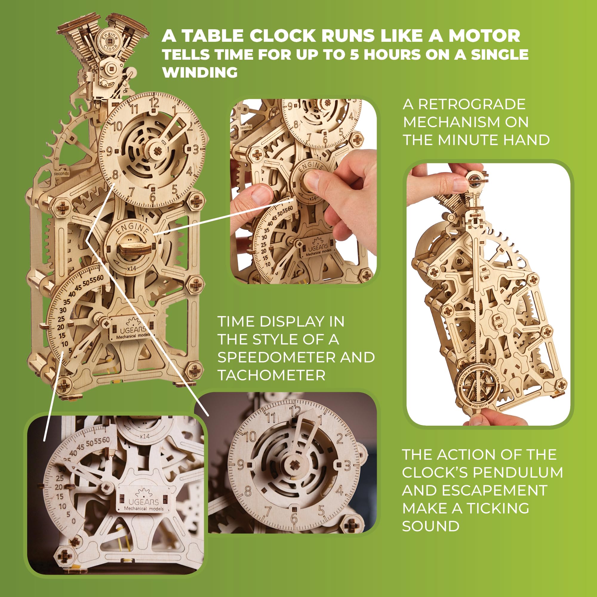 UGEARS Engine Clock tachometer detail captures retro look and tactile gears.