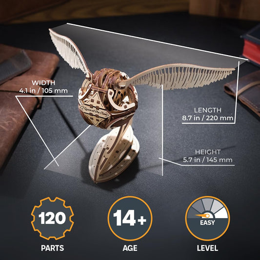 UGEARS Snitch wings movable highlight dynamic action for Harry Potter display.
