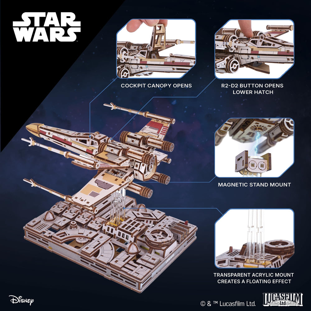UGEARS Luke Skywalker X-Wing detailed parts aligning precisely for assembly