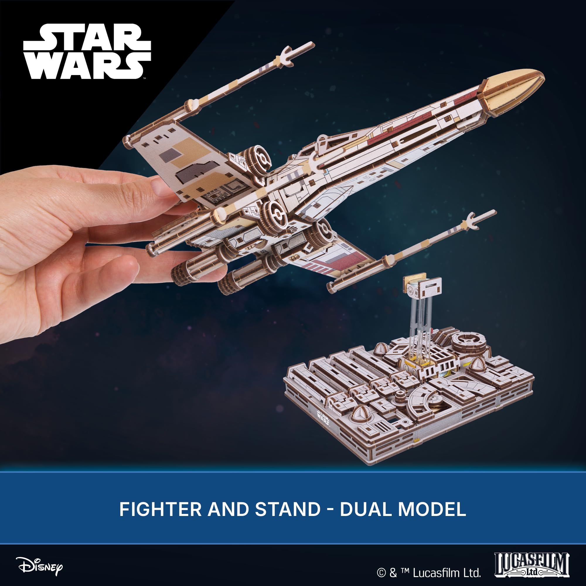 UGEARS Luke Skywalker X-Wing display model ready for showcase in a collection