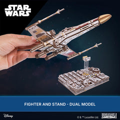 UGEARS Luke Skywalker X-Wing display model ready for showcase in a collection