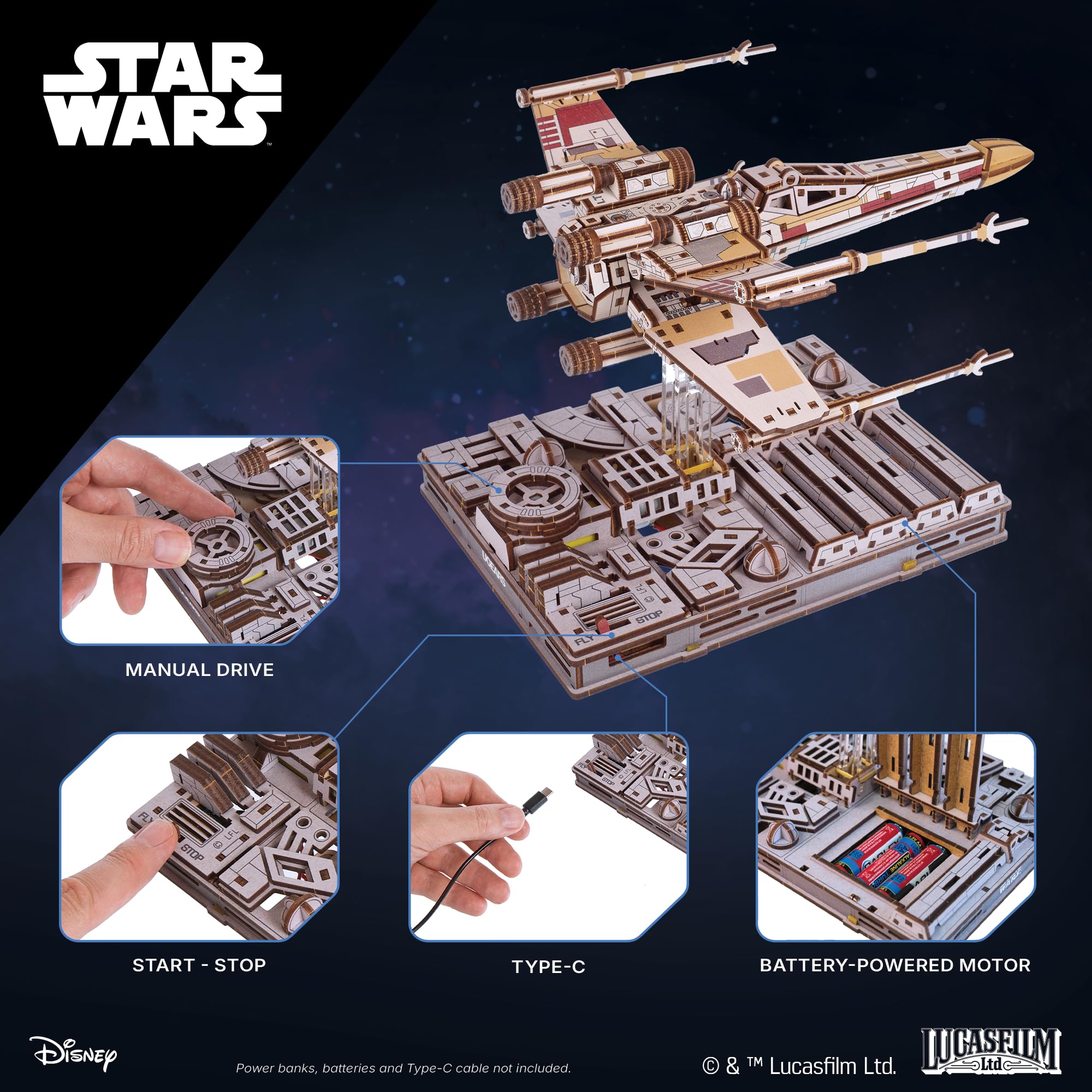 UGEARS Luke Skywalker X-Wing gear system revealing moving parts for tactile build