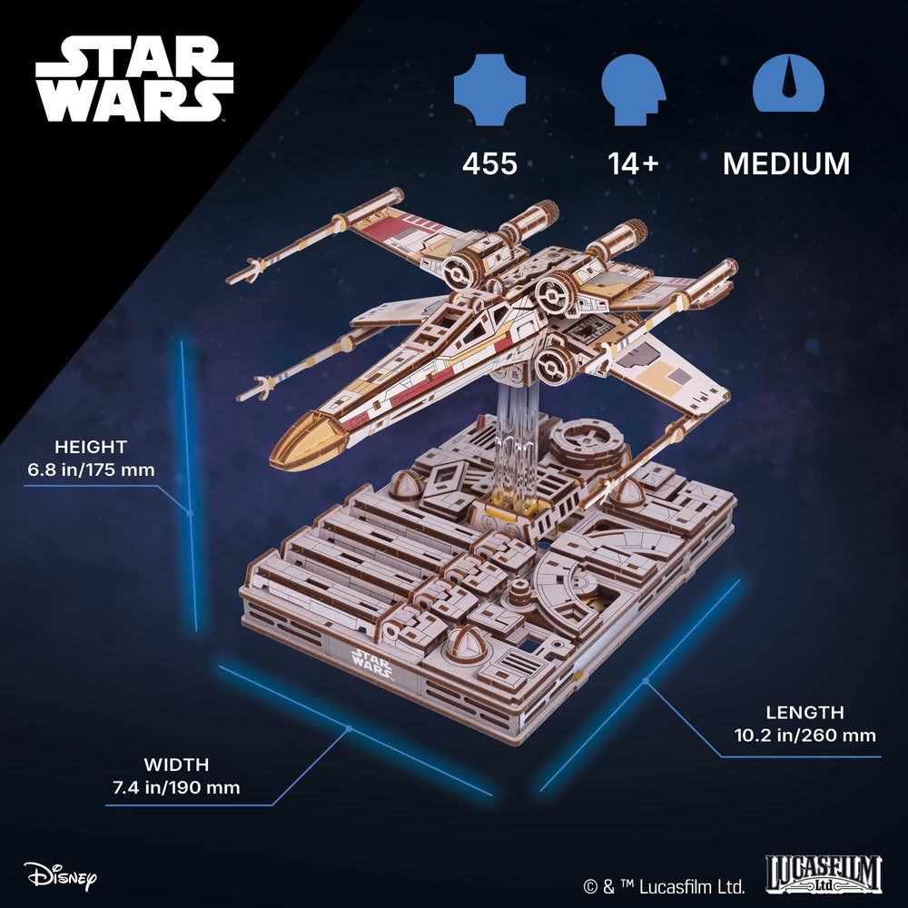 UGEARS Luke Skywalker X-Wing wings in attack position demonstrating motion capability