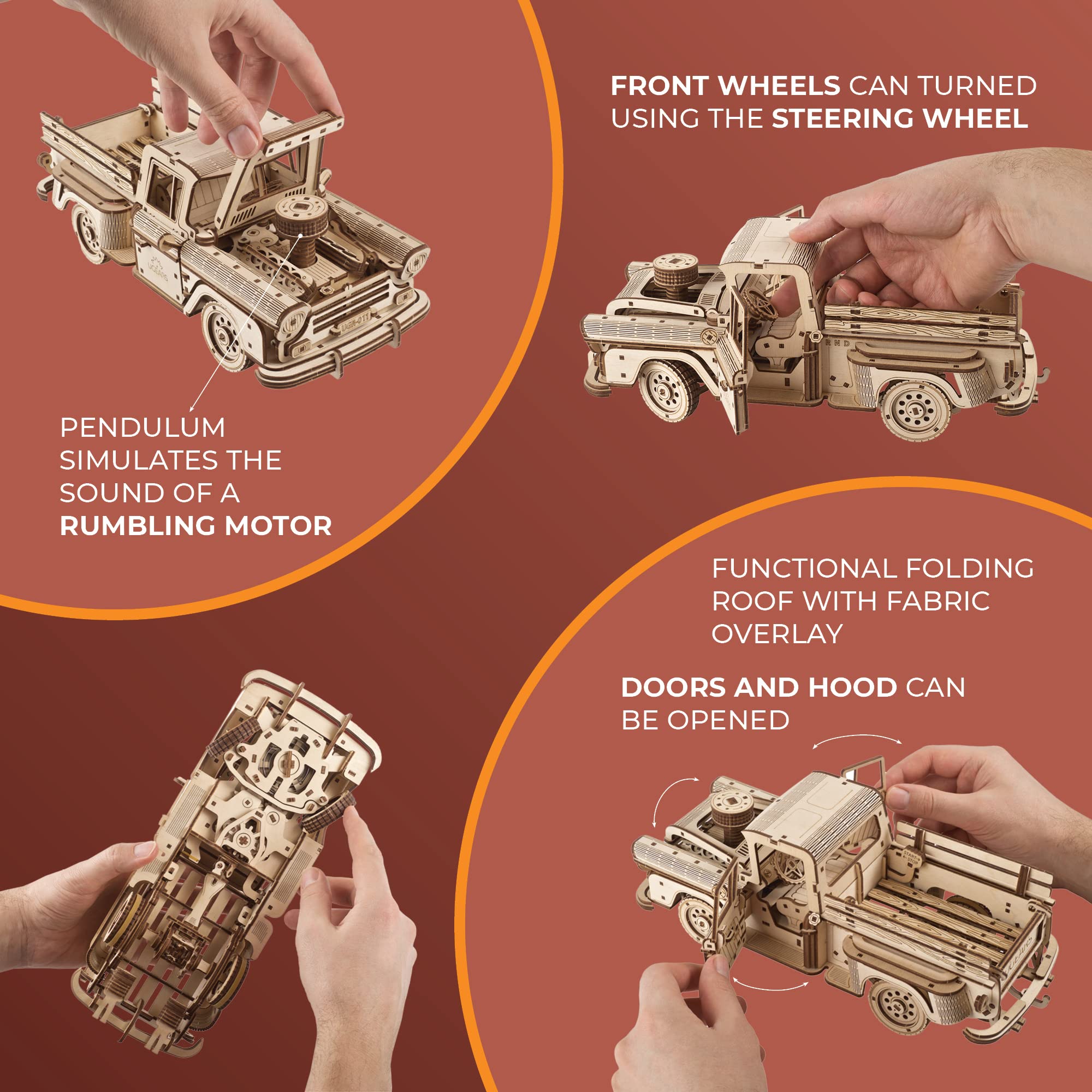 UGEARS Pickup Lumberjack doors-open detail showcasing functional opening doors for interactive display.