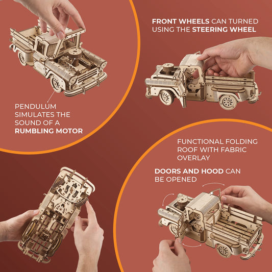 UGEARS Pickup Lumberjack doors-open detail showcasing functional opening doors for interactive display.