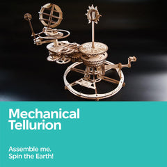 UGEARS Tellurion DIY build emphasizes the 249 laser-cut pieces included.