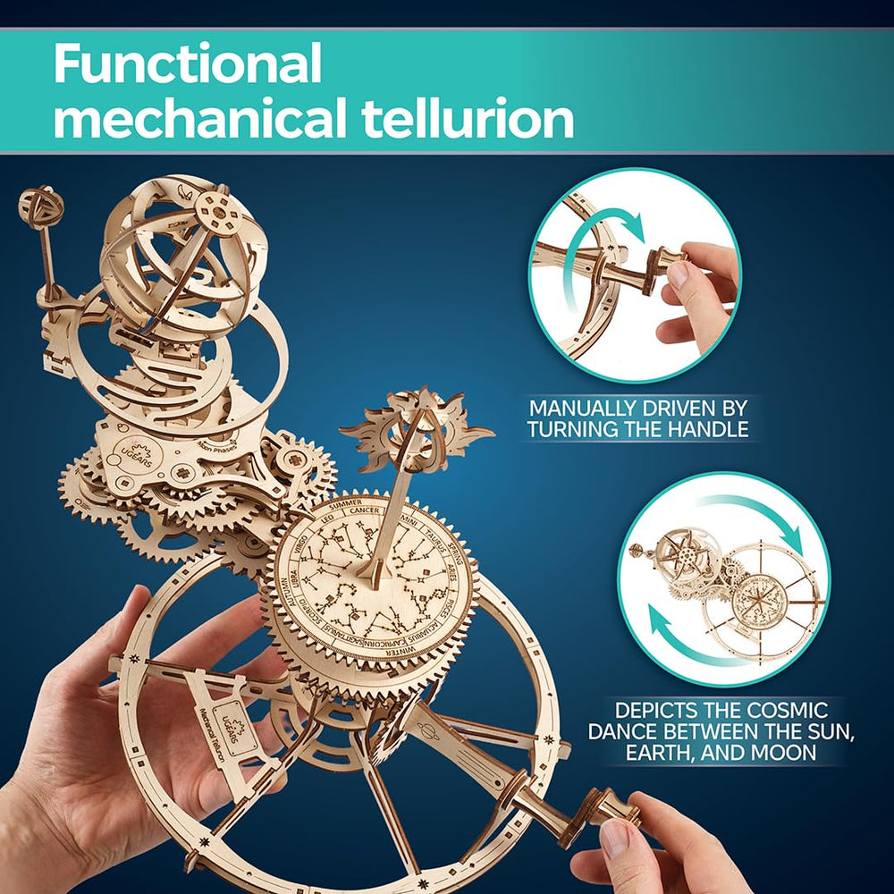 UGEARS Tellurion Earth Sun Moon demonstrates celestial interactions in a compact model.