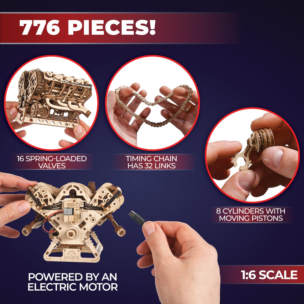 UGEARS V8 Engine Model Kit angled view displaying precise fits