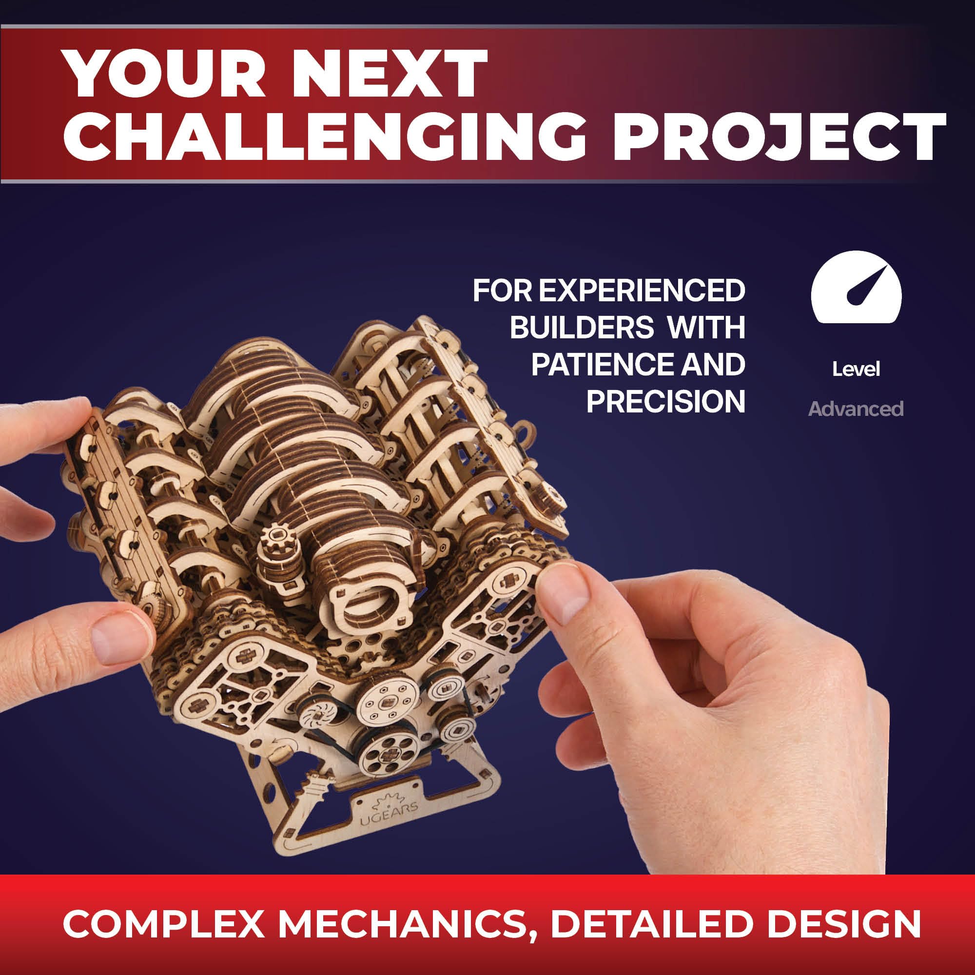 UGEARS V8 Engine Model Kit cylinder block detail for tactile learning